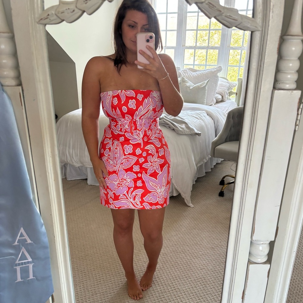 Jade Strapless Floral Mini Dress in Red and Pink